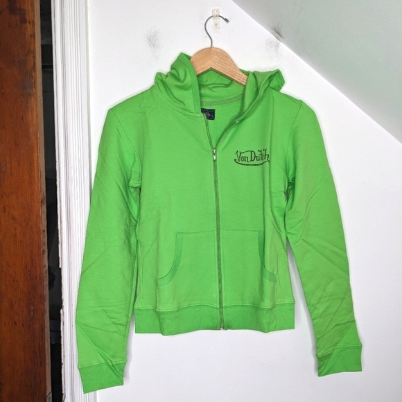 VON DUTCH Full Zip Lightweight Neon Green Signature Cotton Hoodie NEW Size M - Picture 1 of 6